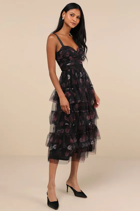 Sentimental Charisma Black Floral Mesh Tiered Midi Dress sold by Lulus product image thumbnail 2