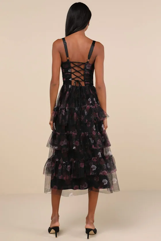 Sentimental Charisma Black Floral Mesh Tiered Midi Dress sold by Lulus product image thumbnail 3