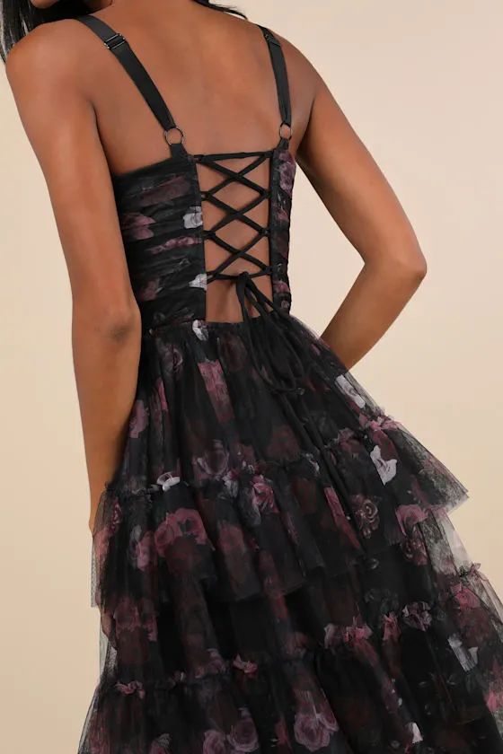 Sentimental Charisma Black Floral Mesh Tiered Midi Dress sold by Lulus product image thumbnail 4