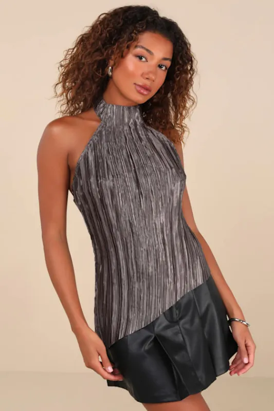 Mikado Dark Grey Plisse Asymmetrical Halter Top sold by Lulus