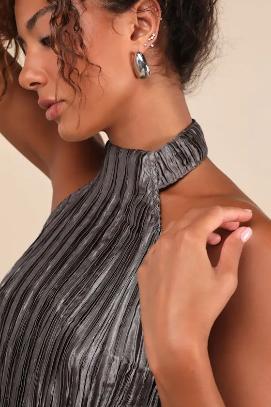 Mikado Dark Grey Plisse Asymmetrical Halter Top sold by Lulus product image thumbnail 2