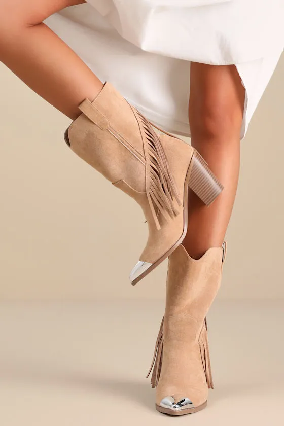 Toleson Taupe Suede Fringe Pointed-Toe Mid-Calf Western Boots sold by Lulus