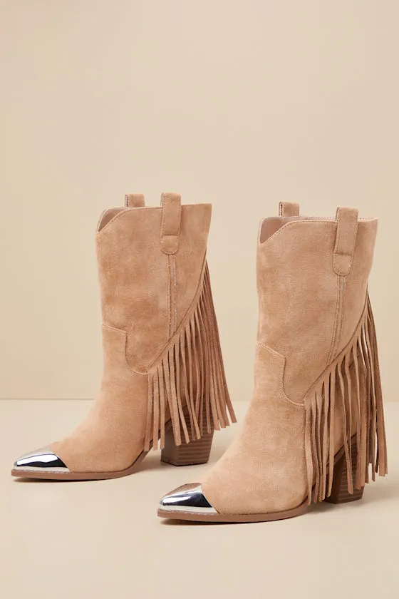 Toleson Taupe Suede Fringe Pointed-Toe Mid-Calf Western Boots sold by Lulus product image thumbnail 3