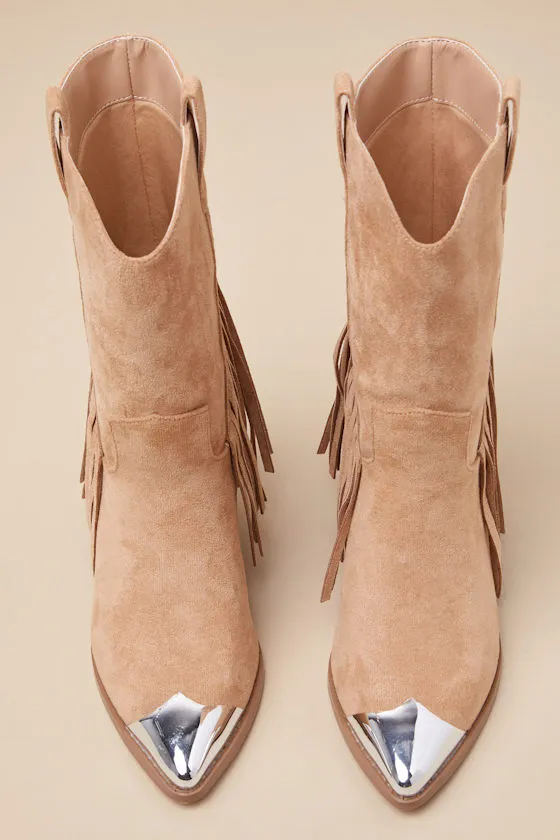 Toleson Taupe Suede Fringe Pointed-Toe Mid-Calf Western Boots sold by Lulus product image thumbnail 4