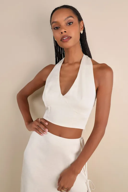 Marvelously Sleek Champagne Satin Crinkled Halter Crop Top sold by Lulus