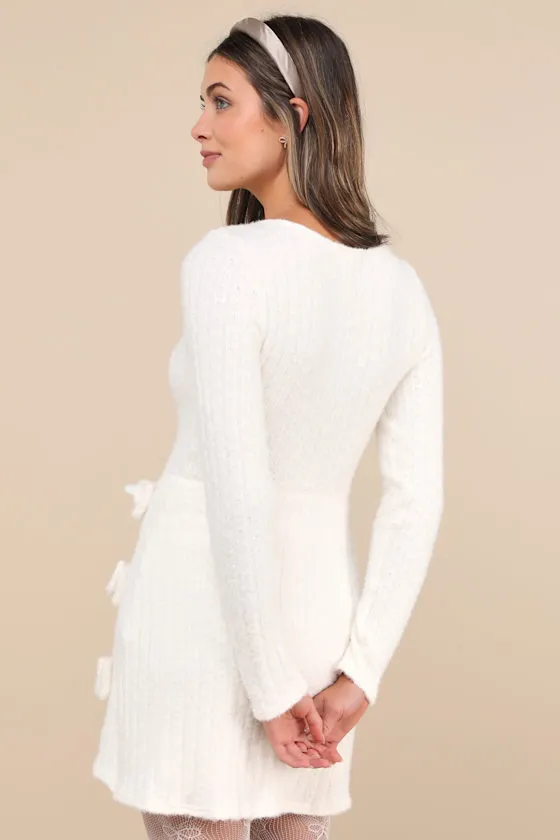 Darling Coziness Ivory Fuzzy Ribbed Knit Bow Sweater Mini Dress sold by Lulus product image thumbnail 2