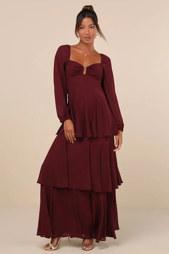 Tier to Enchant Burgundy Long Sleeve Tiered Maxi Dress sold by Lulus