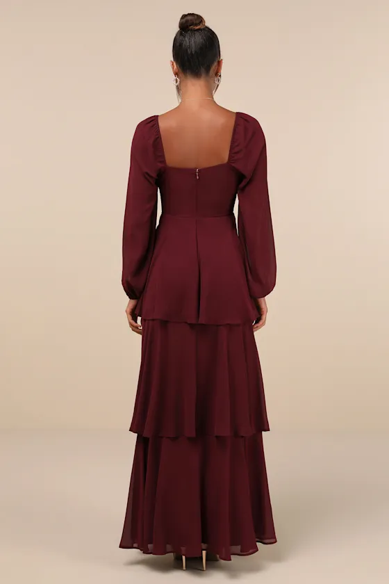 Tier to Enchant Burgundy Long Sleeve Tiered Maxi Dress sold by Lulus product image thumbnail 2