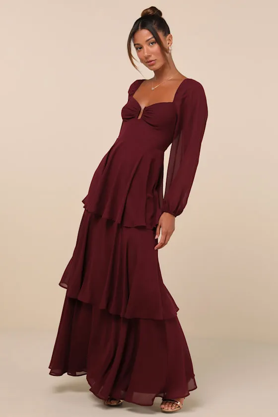 Tier to Enchant Burgundy Long Sleeve Tiered Maxi Dress sold by Lulus product image thumbnail 3