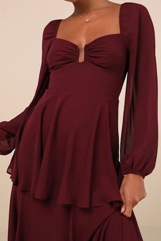 Tier to Enchant Burgundy Long Sleeve Tiered Maxi Dress sold by Lulus product image thumbnail 4