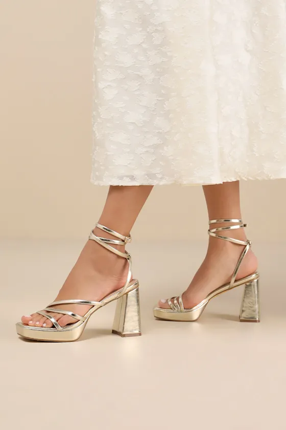 Antonnia Gold Strappy Platform Lace-Up High Heel Sandals sold by Lulus