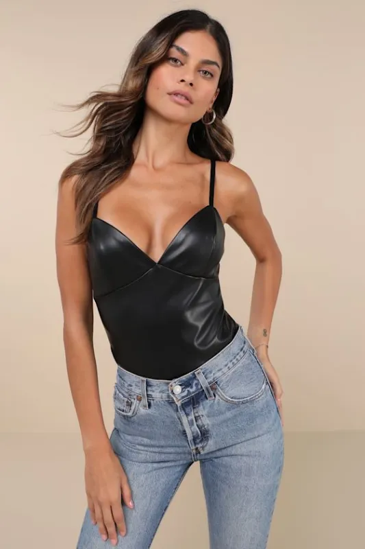 Sleek Vibes Black Vegan Leather V-Neck Sleeveless Bodysuit sold by Lulus