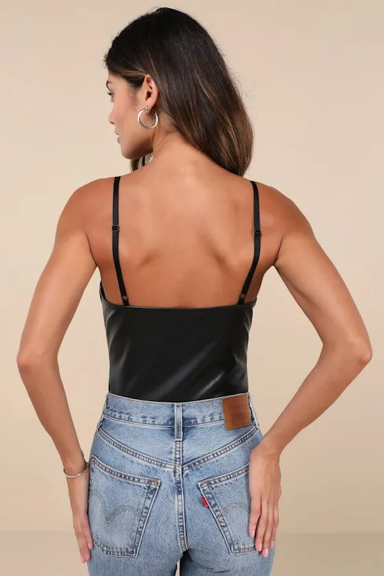 Sleek Vibes Black Vegan Leather V-Neck Sleeveless Bodysuit sold by Lulus product image thumbnail 2