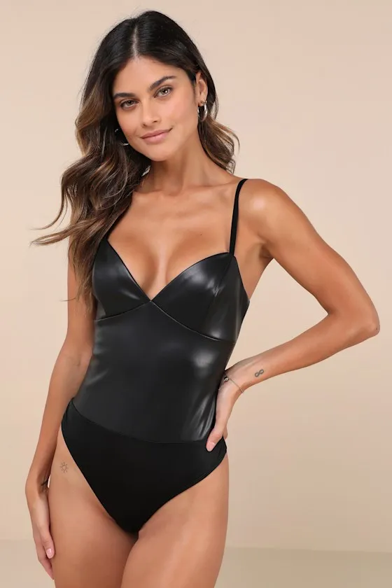 Sleek Vibes Black Vegan Leather V-Neck Sleeveless Bodysuit sold by Lulus product image thumbnail 4