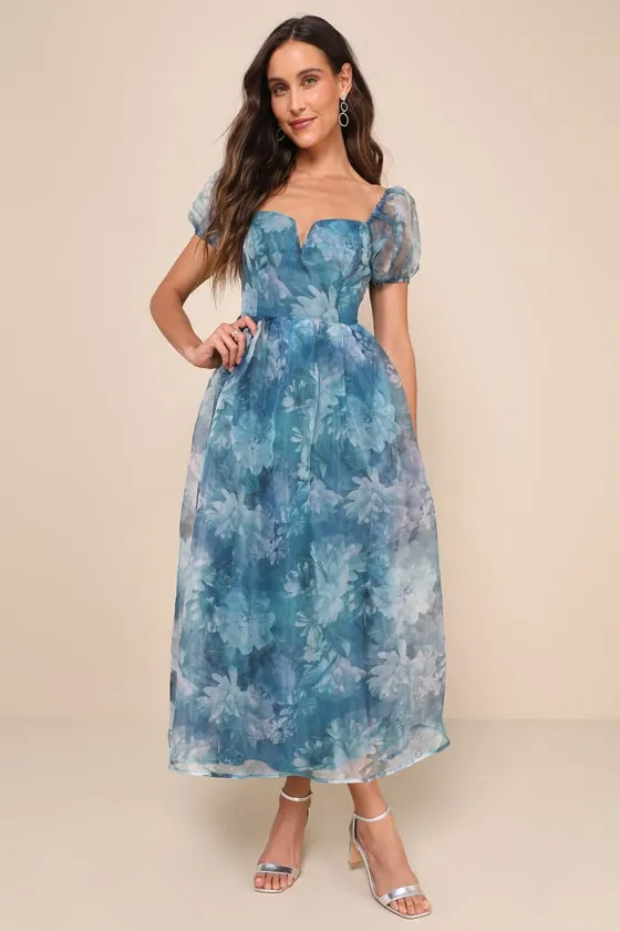 Lovely Statement Teal Blue Floral Organza Tie-Back Midi Dress sold by Lulus