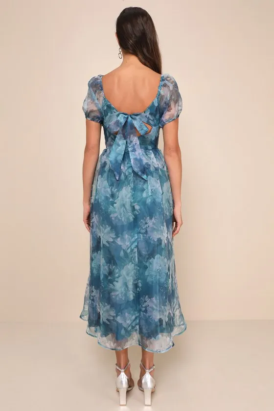 Lovely Statement Teal Blue Floral Organza Tie-Back Midi Dress sold by Lulus product image thumbnail 2