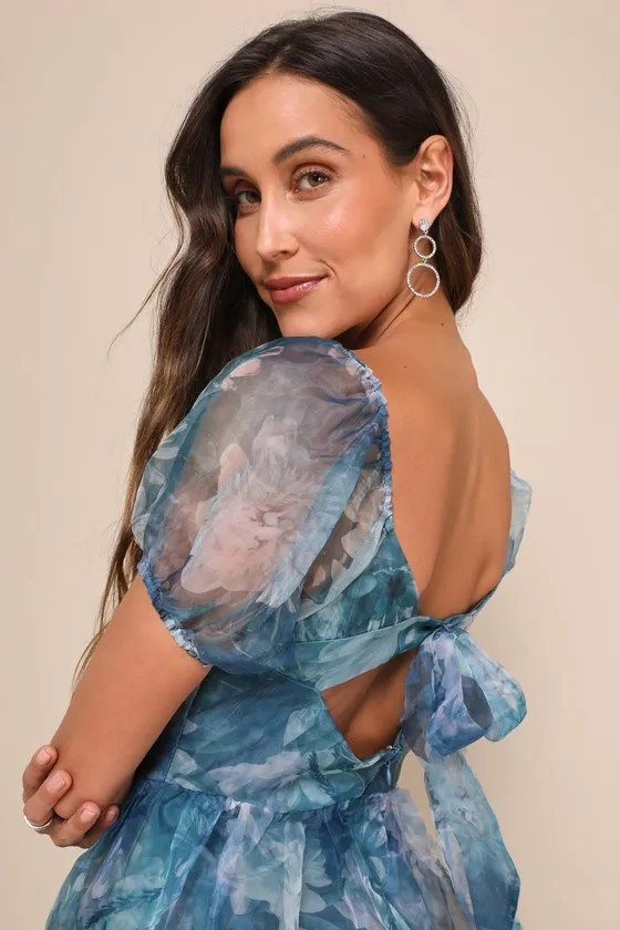 Lovely Statement Teal Blue Floral Organza Tie-Back Midi Dress sold by Lulus product image thumbnail 3