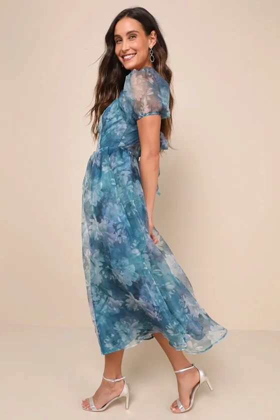 Lovely Statement Teal Blue Floral Organza Tie-Back Midi Dress sold by Lulus product image thumbnail 4