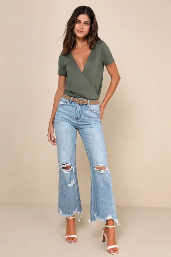 Crystal Medium Wash Distressed High-Rise Wide-Leg Raw Hem Jeans sold by Lulus