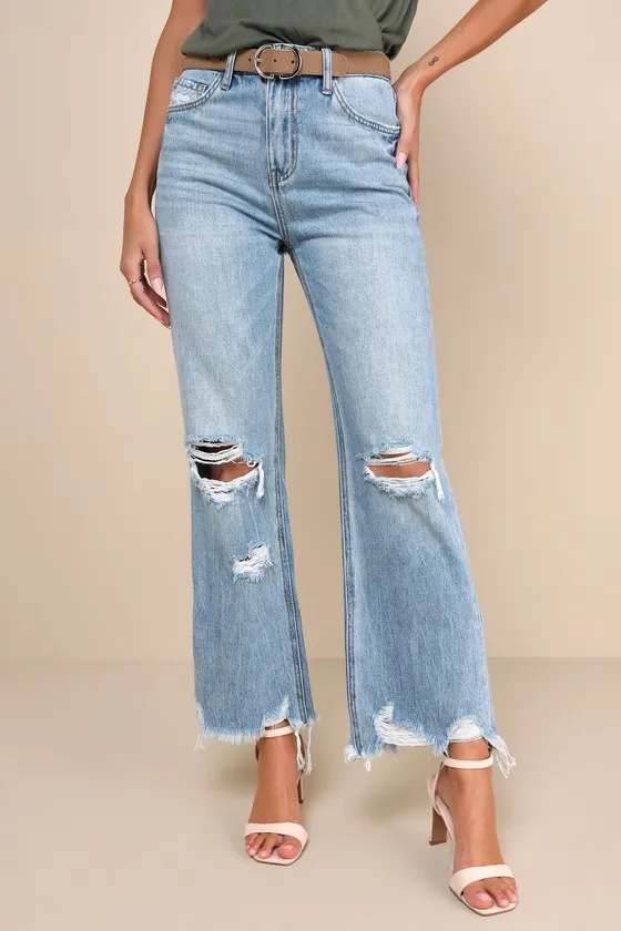 Crystal Medium Wash Distressed High-Rise Wide-Leg Raw Hem Jeans sold by Lulus product image thumbnail 2