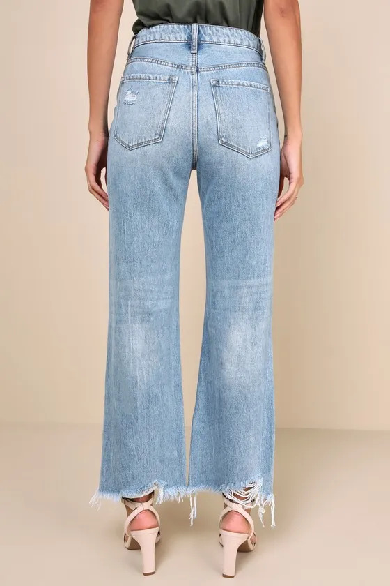 Crystal Medium Wash Distressed High-Rise Wide-Leg Raw Hem Jeans sold by Lulus product image thumbnail 3