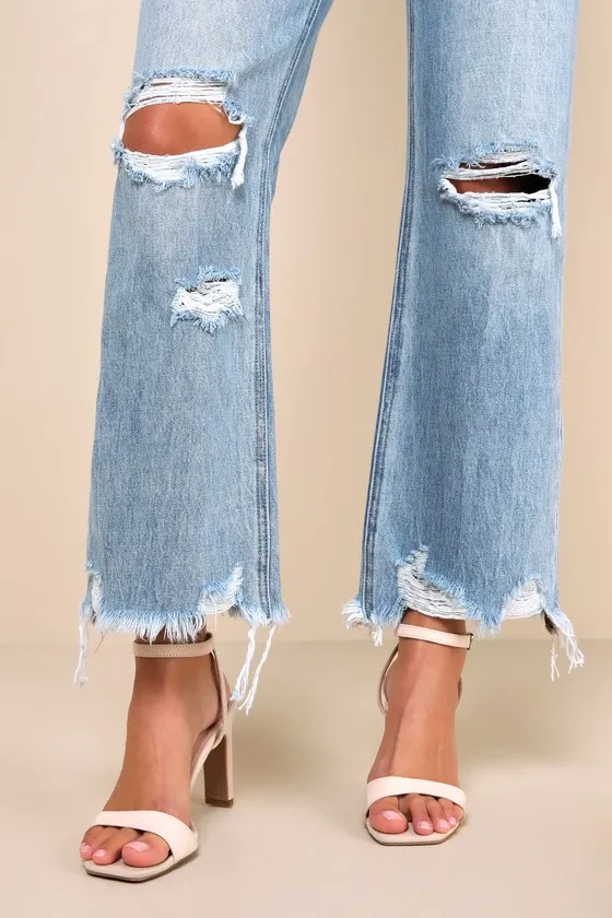 Crystal Medium Wash Distressed High-Rise Wide-Leg Raw Hem Jeans sold by Lulus product image thumbnail 4
