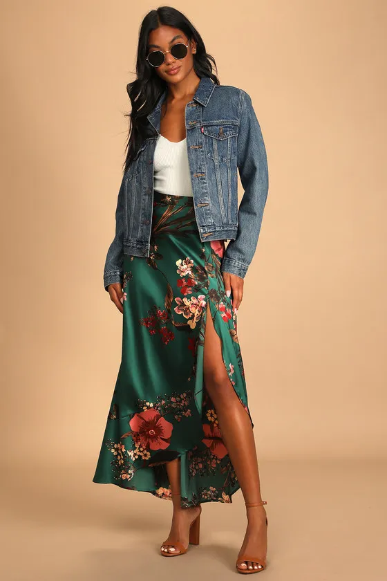 Superbly Stunning Emerald Green Floral Print Satin Maxi Skirt sold by Lulus