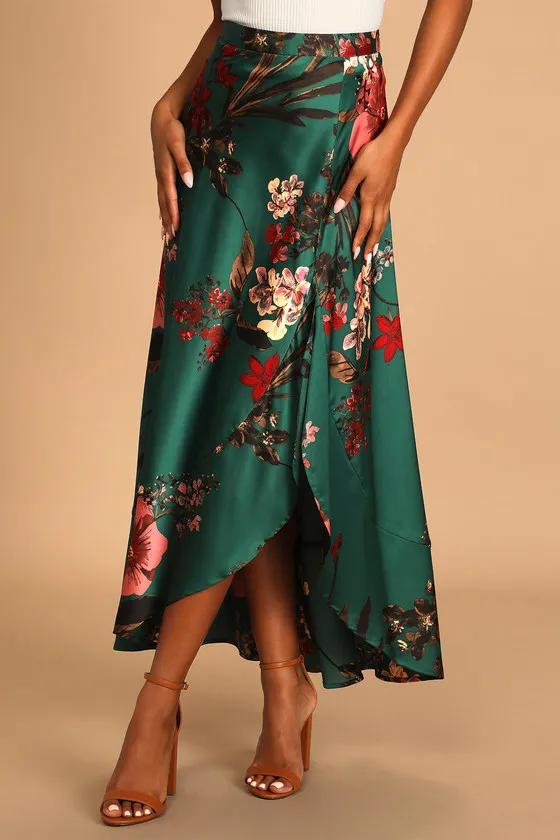Superbly Stunning Emerald Green Floral Print Satin Maxi Skirt sold by Lulus product image thumbnail 3