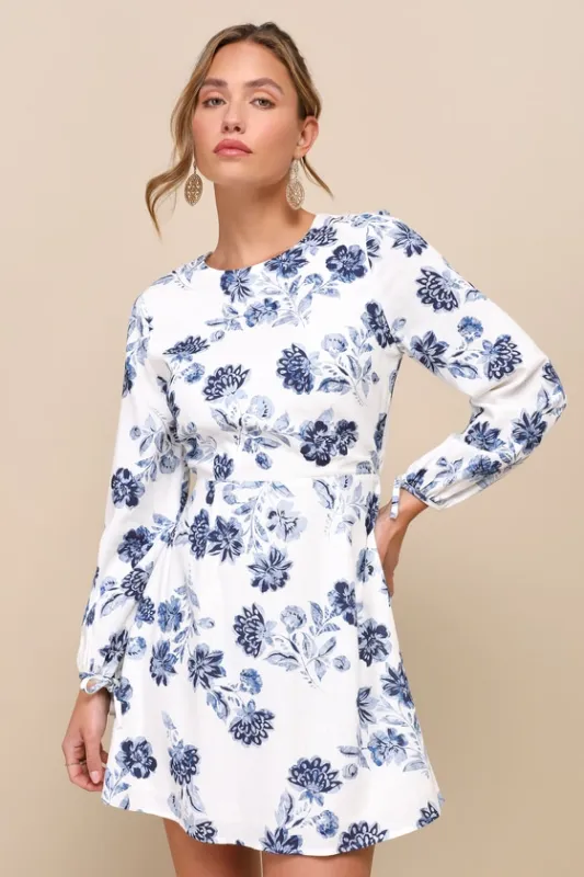Darling Simplicity White and Blue Floral Linen Cutout Mini Dress sold by Lulus