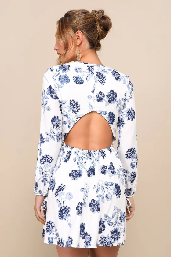 Darling Simplicity White and Blue Floral Linen Cutout Mini Dress sold by Lulus product image thumbnail 2