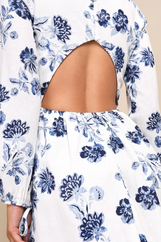Darling Simplicity White and Blue Floral Linen Cutout Mini Dress sold by Lulus product image thumbnail 4