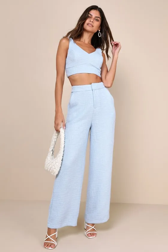 Chic and Sophisticated Light Blue Tweed Wide-Leg Pants sold by Lulus
