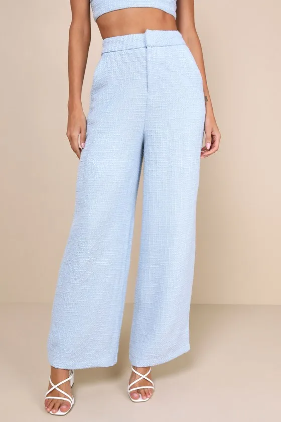 Chic and Sophisticated Light Blue Tweed Wide-Leg Pants sold by Lulus product image thumbnail 2