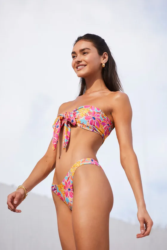 Vibrant Getaway Hot Pink Multi Floral Knot Bandeau Bikini Top sold by Lulus product image thumbnail 4