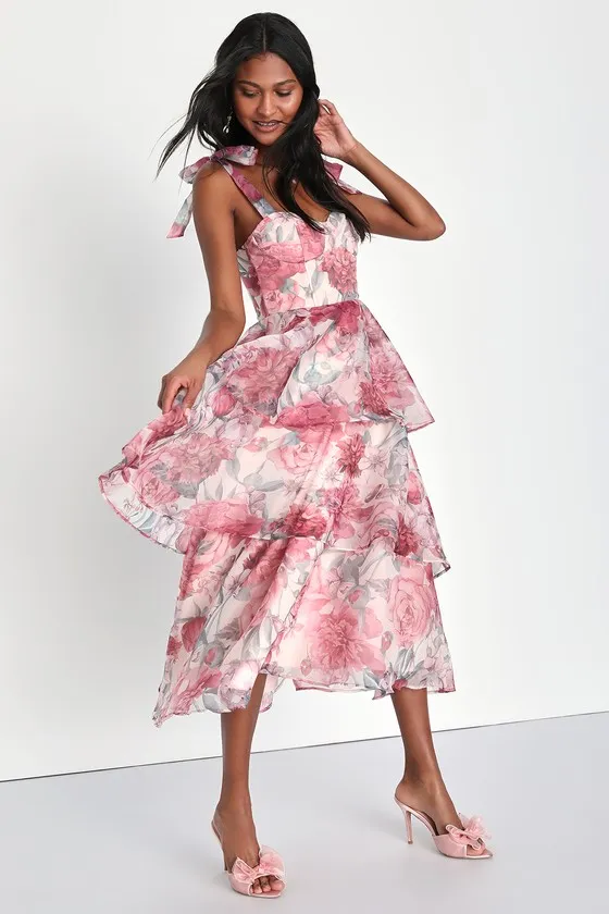 Playfully Posh Blush Floral Organza Tie-Strap Tiered Midi Dress sold by Lulus