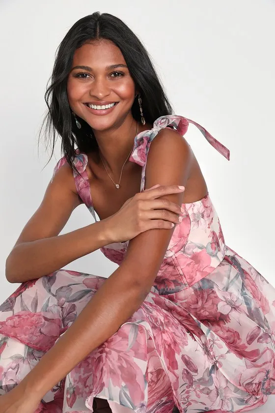 Playfully Posh Blush Floral Organza Tie-Strap Tiered Midi Dress sold by Lulus product image thumbnail 2