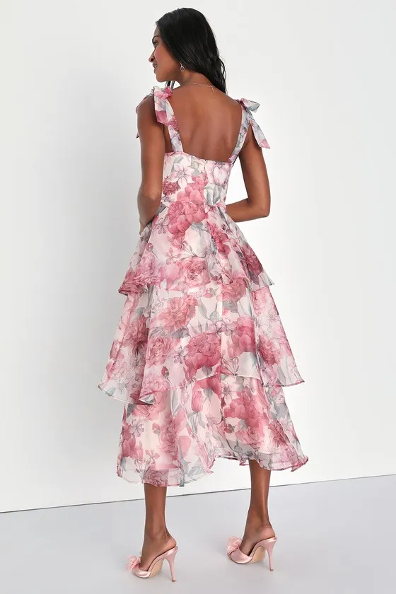 Playfully Posh Blush Floral Organza Tie-Strap Tiered Midi Dress sold by Lulus product image thumbnail 3