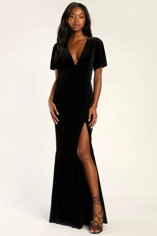 Elegant Evenings Black Velvet Flutter Sleeve Trumpet Maxi Dress sold by Lulus