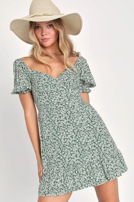 Grateful Feelings Sage Green Floral Print Puff Sleeve Mini Dress sold by Lulus