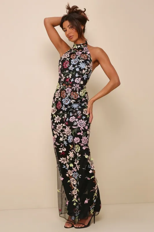 Infinite Praise Black 3D Floral Embroidered Halter Maxi Dress sold by Lulus