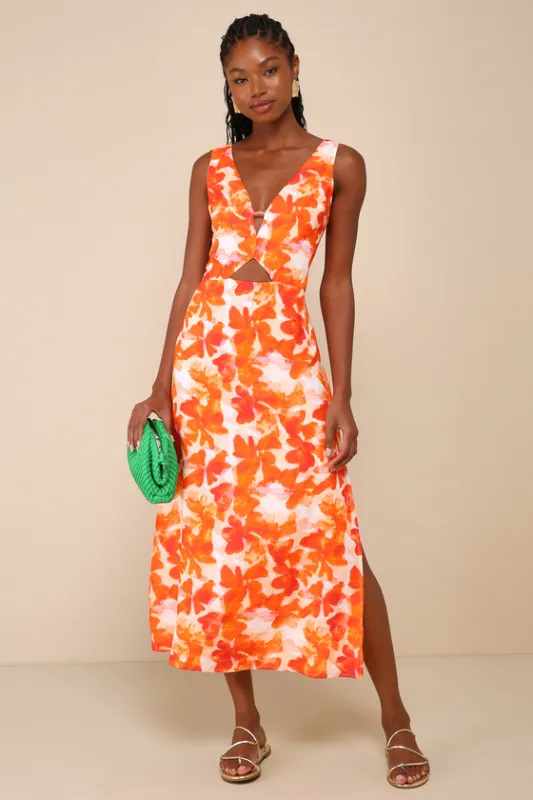 Vivacious Charm Orange Floral Cutout Lace-Up A-Line Midi Dress sold by Lulus