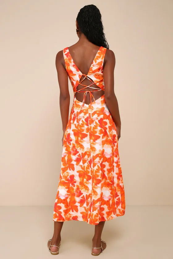Vivacious Charm Orange Floral Cutout Lace-Up A-Line Midi Dress sold by Lulus product image thumbnail 2