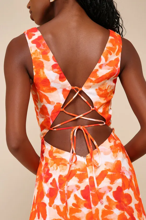 Vivacious Charm Orange Floral Cutout Lace-Up A-Line Midi Dress sold by Lulus product image thumbnail 3