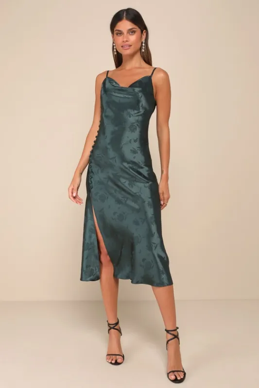 All About You Emerald Green Floral Jacquard Satin Midi Dress sold by Lulus
