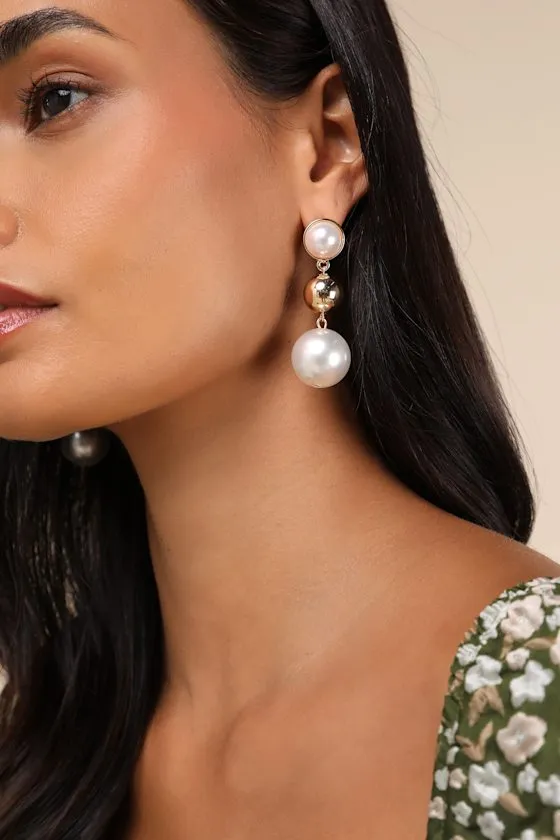 Glorious Moment Gold Pearl Statement Drop Earrings sold by Lulus product image thumbnail 2