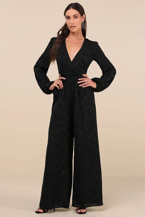 Ravishing Marvel Black Burnout Floral Cutout Wide-Leg Jumpsuit sold by Lulus