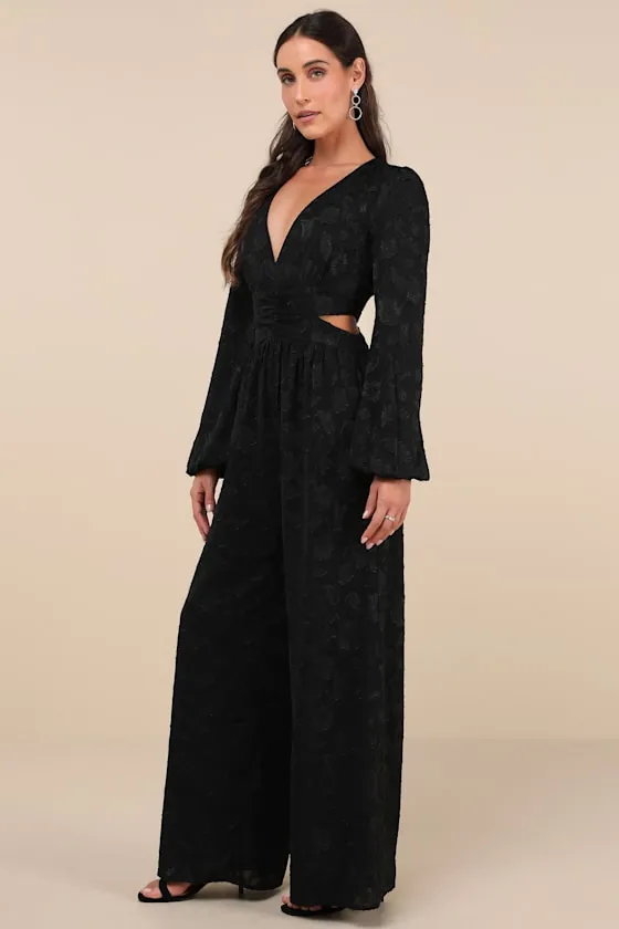 Ravishing Marvel Black Burnout Floral Cutout Wide-Leg Jumpsuit sold by Lulus product image thumbnail 4