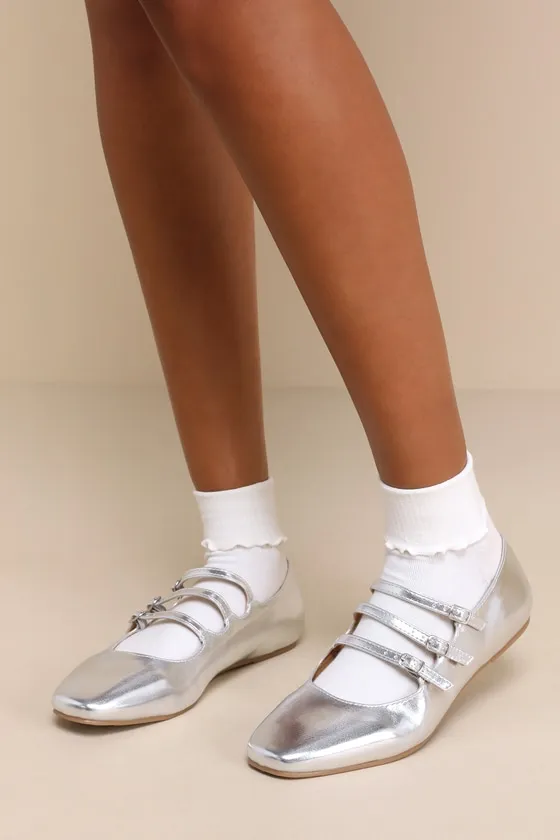 Ortie Silver Strappy Buckle Ballet Flats sold by Lulus