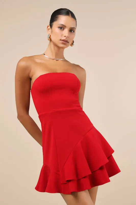 Sultry Intentions Red Strapless Ruffled Mini Dress sold by Lulus