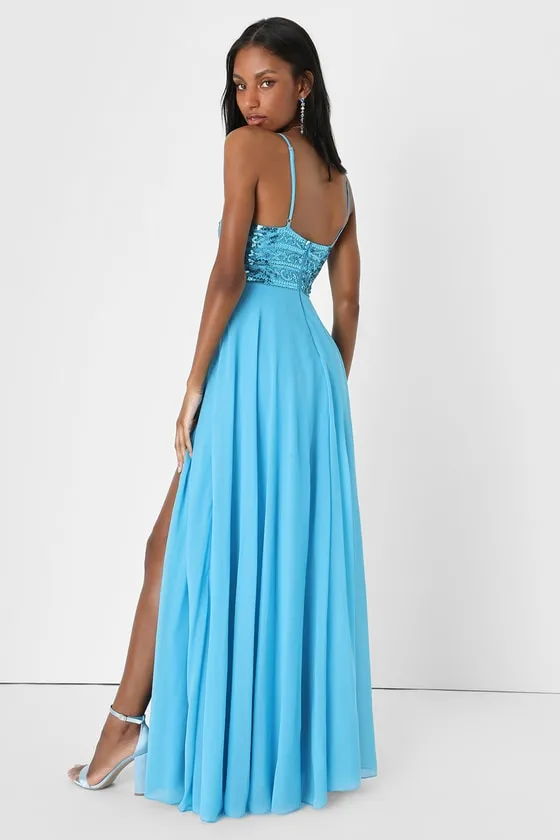 Glam Sweetheart Blue Sequin Beaded Sleeveless Maxi Dress sold by Lulus product image thumbnail 4
